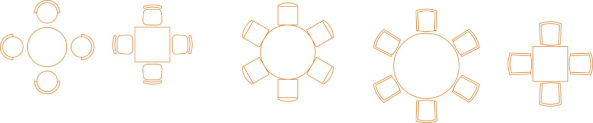 Technical interior design plan view showing various round and square table arrangements with chairs in different seating configurations and capacities. © Riki