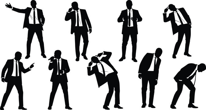 Businessman silhouettes, suit and tie, expressive gestures, professional poses, body language, corporate communication, black vector illustration