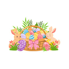 Obraz premium Two Cute Easter Bunnies with Giant Egg Basket