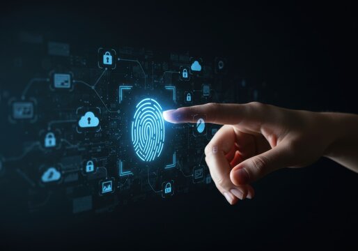 Close-up of a finger touching a glowing digital fingerprint scanner for biometric authentication cybersecurity and data privacy access control concept on a dark futuristic background