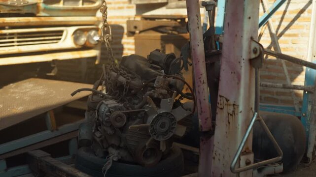 Rusty, dusty, and greasy internal combustion engine parts needing repair