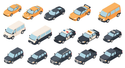 An isometric illustration depicting a collection of diverse vehicles including cars vans and trucks in a stylized silhouette high quality professional © AsfiqurRahman