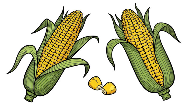 Two detailed corn cobs with vibrant yellow kernels and green husks are depicted alongside a small corn kernel silhouette high quality
