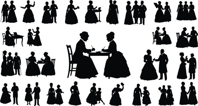 Black silhouette Victorian people, reading, writing, serving tea, walking, social interaction, domestic scene, historical attire, 19th century vector illustration
