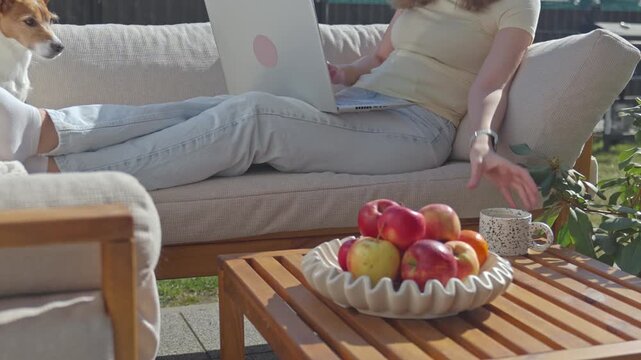 Woman works on laptop while sitting on outdoor sofa near table with apples, mug and dog. Concept of remote work, home lifestyle and outdoor relaxation