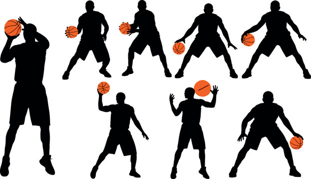 Black silhouettes of basketball players in action with orange balls, dynamic vector artwork for sports, training, and design content
