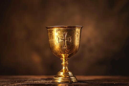 Golden chalice with engraved cross, symbolizing christian faith, communion, and sacred rituals