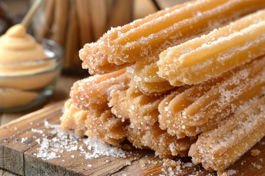 Crunchy churros coated in sugar, ready to be dipped in a creamy sauce