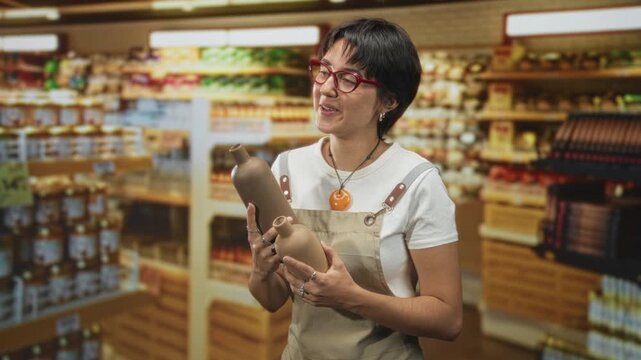 Woman with short hair and red glasses holds two pottery bottles in hands, smiling and wearing an apron inside a shop building; joy.