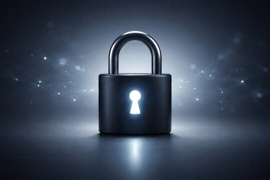 Secure padlock on dark network background with copy space