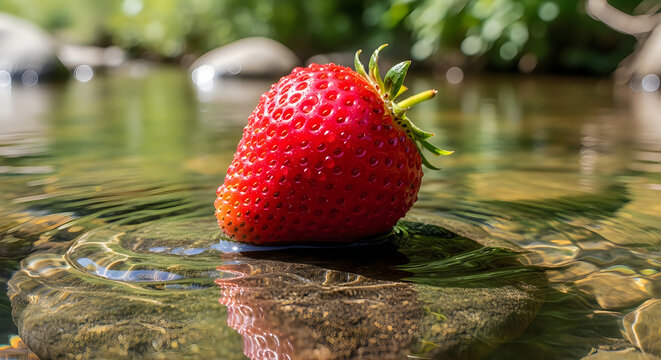 April fools day prank with fresh strawberry in water on a sunny day