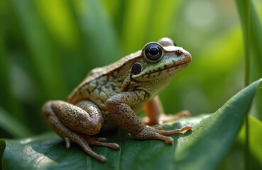 Obraz premium Asian grass frog sits on green leaf. Brown amphibian has textured skin and big eyes. Small creature rests in natural marshland habitat. Wildlife macro shot.