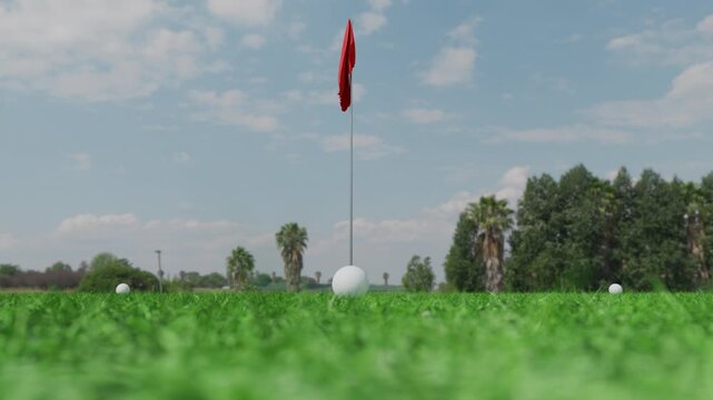 Golf balls rolling toward the hole from multiple angles across lush green fairway grass, converging perfectly for a spectacular multi-ball "hole in one" moment