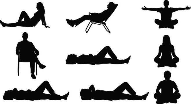 Seated and lying people silhouettes, posture illustration vector design, relaxation body positions icons, ergonomic therapy art collection