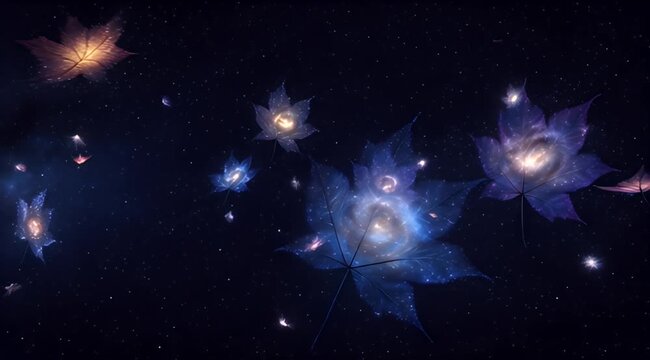 Ethereal glowing lotus-like entities drift in a vast, star-filled cosmic voidscape