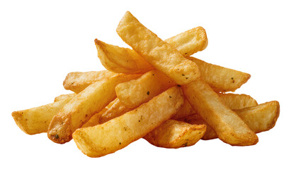 Pile of golden crispy seasoned french fries, perfectly cooked potato wedges isolated PNG on transparent background, delicious fast food snack