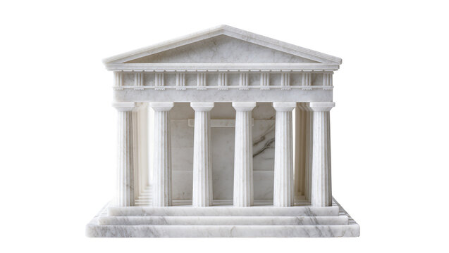 Exquisite white marble classical Greek temple model, an ancient architectural replica with fluted columns and pediment, isolated PNG