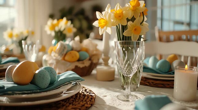 Easter table setting with flowers and decorations