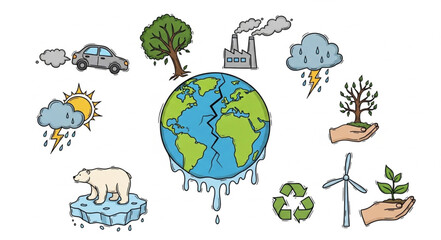 Climate Change Illustration - Earth in Crisis with Environmental Elements.
