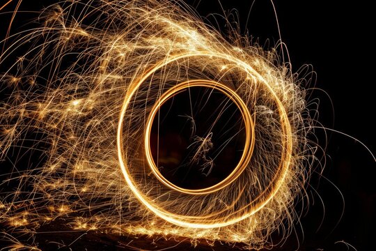 Long exposure of rotating burning steel wool creating a circle of sparks on black background
