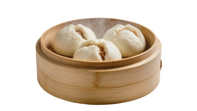 Three hot, fluffy steamed buns served in a traditional bamboo steamer, isolated PNG on transparent background, delicious Asian dim sum cuisine
