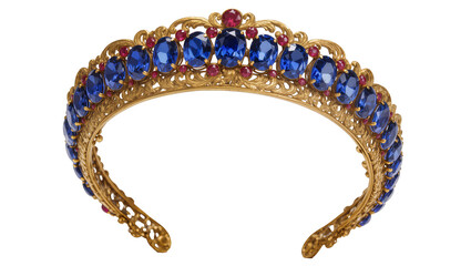 Luxurious golden tiara adorned with sparkling blue sapphires and vibrant red rubies, an exquisite royal accessory isolated on transparent background, elegant jewelry PNG © LUXSTORY
