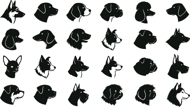 Silhouette vector illustration of diverse dog breeds heads in profile, pet design collection showcasing unique ears, snouts, fur textures