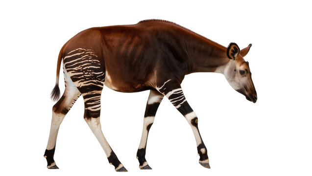 Majestic okapi, a unique African forest giraffe with distinctive striped legs and dark brown fur, standing in profile, isolated PNG on transparent background