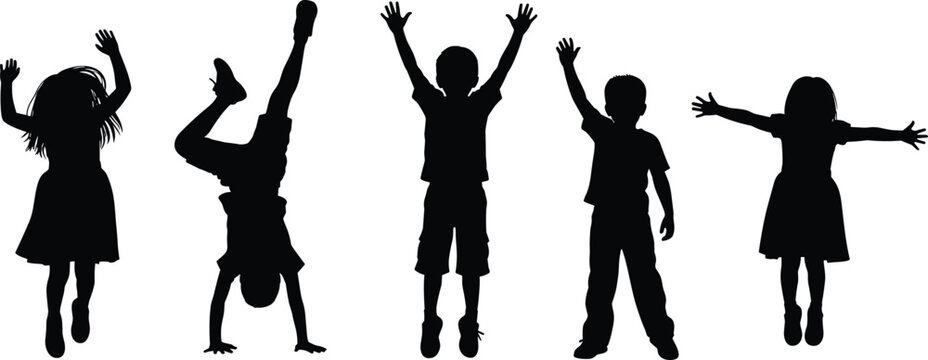 Children silhouettes in playful poses, jumping, handstand, arms raised, joyful energy, childhood activity, fun movement vector illustration design
