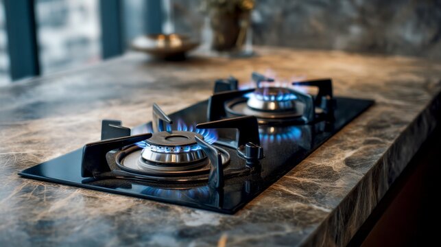 A sleek, modern gas stove with blue flames on a polished countertop. This image captures the beauty of kitchen appliances. Ideal for cooking enthusiasts and home decor inspiration. AI