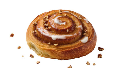 Fototapeta premium Golden-brown cinnamon roll, topped with sweet white icing and crunchy pecan pieces, isolated PNG, a delightful sweet pastry