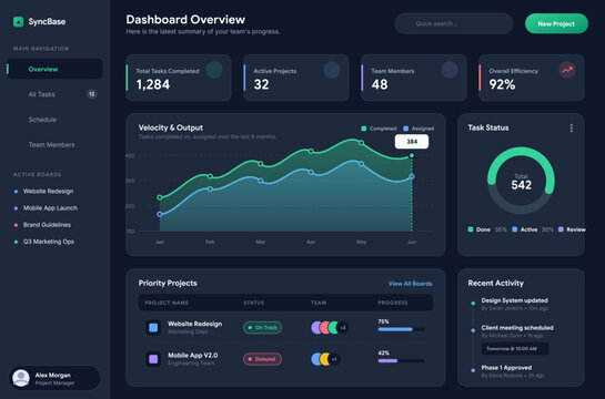 Modern project management dashboard UI vector showing task progress, team performance, analytics, and workflow tracking. Ideal for SaaS apps, productivity tools, and business management platforms.