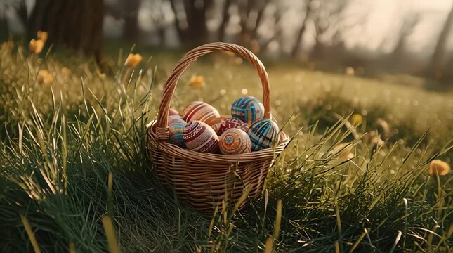 Colorful Easter eggs in a wicker basket on green grass during a spring celebration