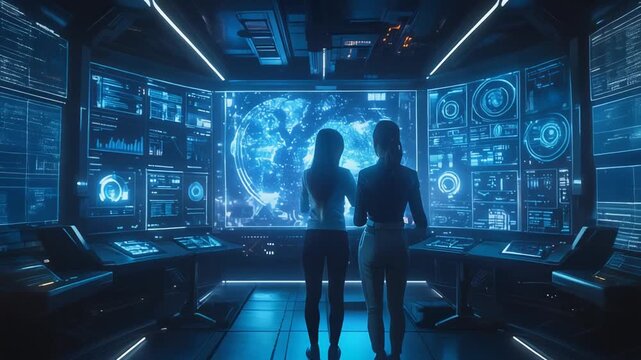 Two people standing in high tech control room observing massive digital screens with complex data systems in futuristic monitoring center