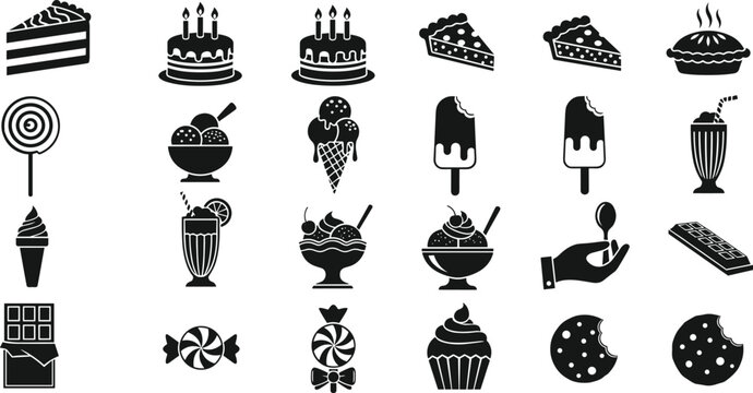 Silhouettes of desserts and sweet treats including cakes, pies, ice cream, candies, cupcakes, cookies, vector illustration for food design projects
