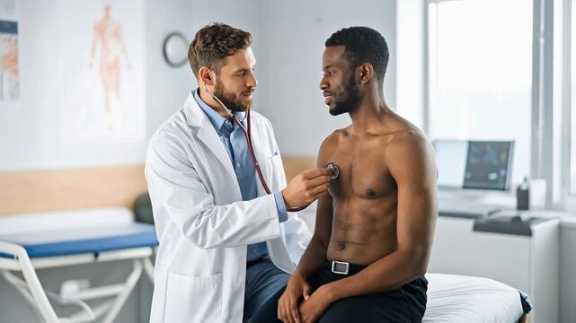 Male doctor performing medical examination on shirtless adult male patient in clinical room showing healthcare interaction