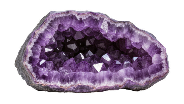 Vibrant deep purple amethyst geode with sparkling crystals, a natural quartz mineral formation isolated for geological study
