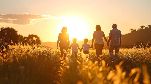 Family walking together through golden field at sunset creating warm lifestyle scene with parents and children outdoors