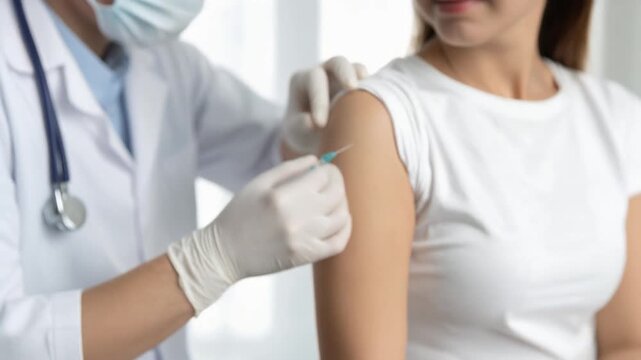 Doctor administering vaccine injection to adult woman in clinical setting showing healthcare prevention activity