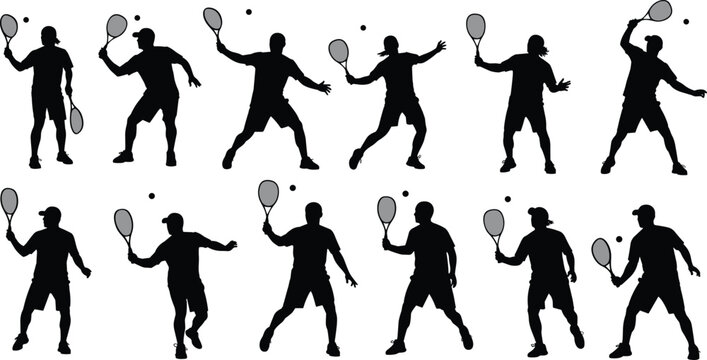 Silhouette collection of tennis player poses, forehand, backhand, serve, swing motions, vector illustration for design, cataloging, classification, SEO optimization