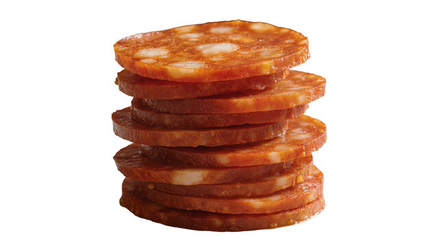 Stack of delicious spicy red pepperoni or chorizo sausage slices, perfectly round and ready for snacking, isolated PNG for food concepts