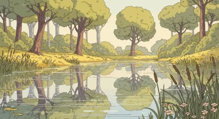 Fototapeten Beige Peaceful forest landscape with a calm river reflecting trees and bushes.  © gambar