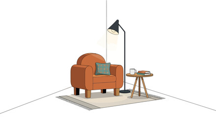 Fototapeta premium Illustration of a cozy armchair corner with a lamp and side table in a minimalist room