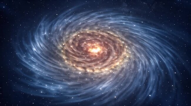Vast spiral galaxy with glowing warm core and cool blue swirling arms amidst twinkling stars