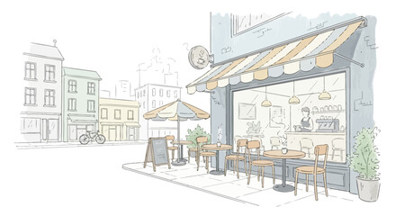 Quaint outdoor coffee shop with a barista and city street illustration © gambar