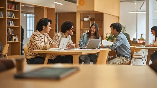 Young adults working together at wooden table with laptops in bright library space showing teamwork and modern study lifestyle