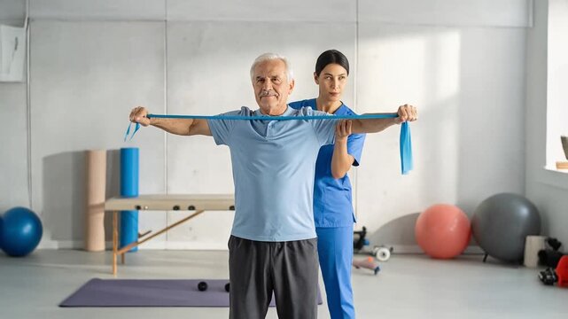 Elderly man practicing shoulder exercise with resistance band assisted by therapist showing senior rehabilitation process indoors