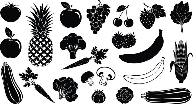 Fruit and vegetable silhouettes including tomatoes, pineapples, apples, grapes, cherries, strawberries, lettuce, broccoli, carrots, bananas, corn, mushrooms vector illustration