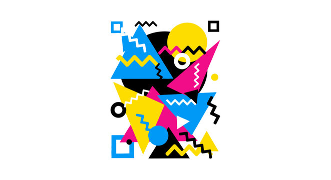 Vibrant retro 80s geometric abstract pattern with colorful shapes and zigzags.