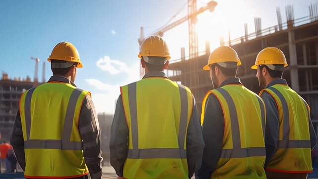 Group of construction workers wearing safety helmets and vests standing at building site observing project progress